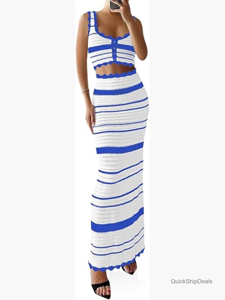 2 Piece Set Striped Crochet Knit Coverup Sleeveless Crop Tank Top Bodycon Maxi